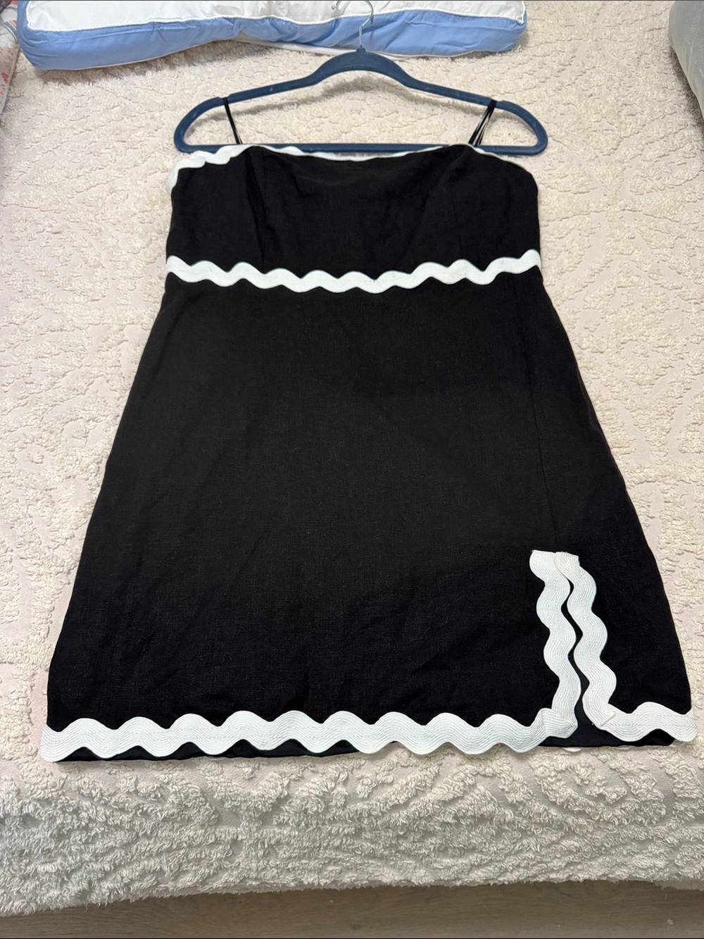 Black Strapless Mini Dress with White Wave Trim